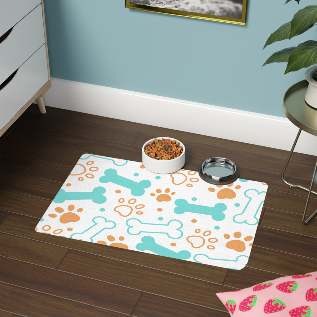 Whimsical Pet Food Mat, Cute Dog Feeding Station, Non-Slip Dog Mat, Perfect for Pet Lovers, Puppy Decor, Bone and Paw Print Design