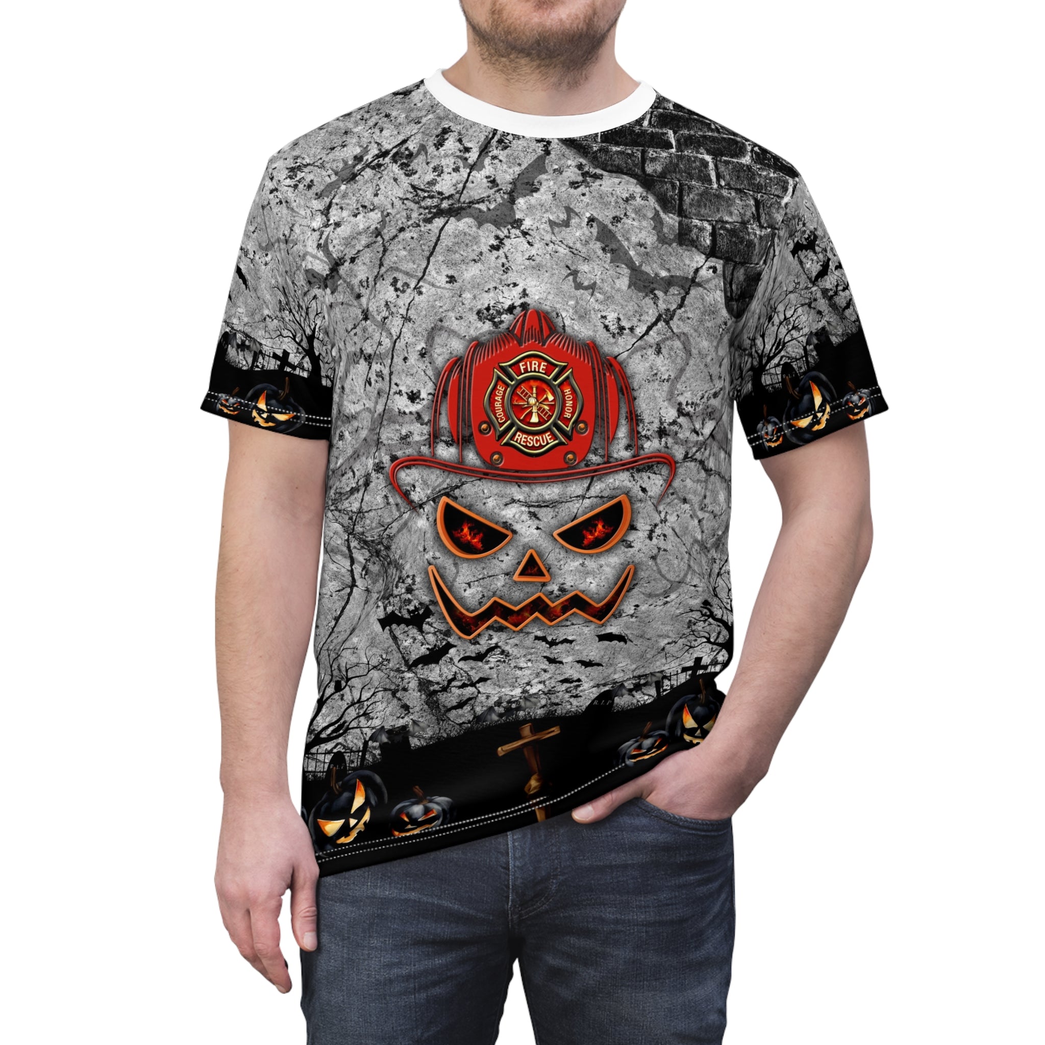 Halloween Firefighter Tee, Spooky Unisex T-Shirt, Graphic Tee for Firefighting Enthusiasts, Halloween Costume Attire, Unique Gift