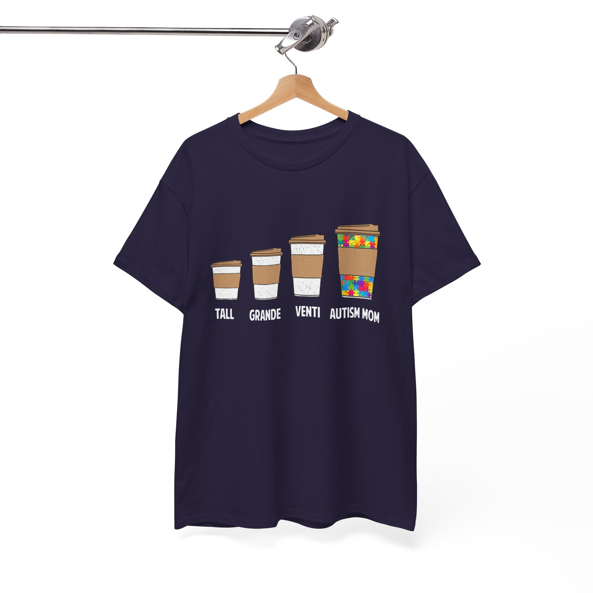 Autism Mom Coffee Sizes T-Shirt — Tall, Grande, Venti, Autism Mom Graphic Tee