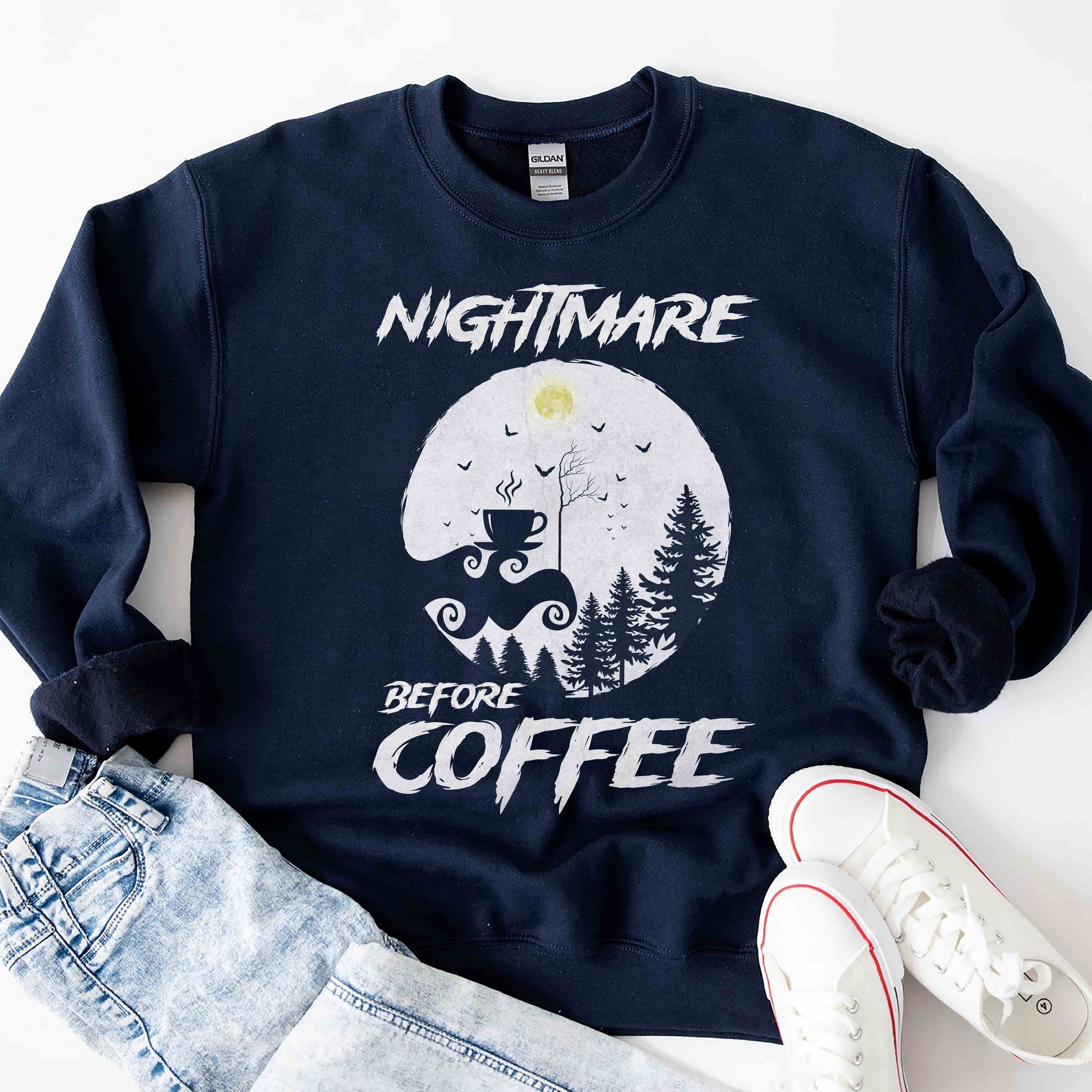 Nightmare Before Coffee Cozy Crewneck Sweatshirt - Perfect for Casual Outings, Gift Idea for Birthdays, Holidays, and Relaxing Days