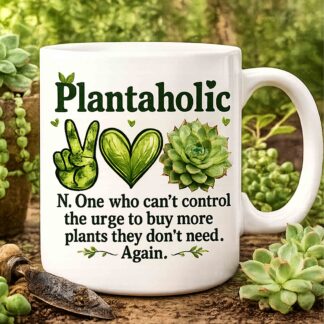 Plantaholic 15oz Gardening Ceramic Mug — Funny Plant Lover Gift ("One who can't control the urge to buy more plants")